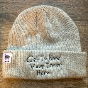 Neutral Knit Beanie with Embroidered Message - Get To Know Your Inner Hero